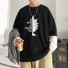 Spring 2021 Hong Kong style new solid color fake two long sleeve T-shirts loose color contrast