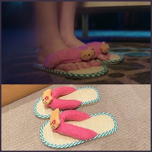 双轨姜暮虞书欣同款拖鞋女家居室内亚麻可爱卡通公仔粉色人字拖