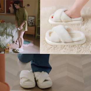 狙击蝴蝶岑矜陈妍希同款拖鞋冬季厚底毛绒棉拖鞋居家交叉毛毛棉拖