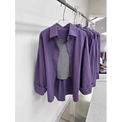 小个子港风紫色衬衫女叠穿洋气百搭休闲长袖上衣外套学院风宽松