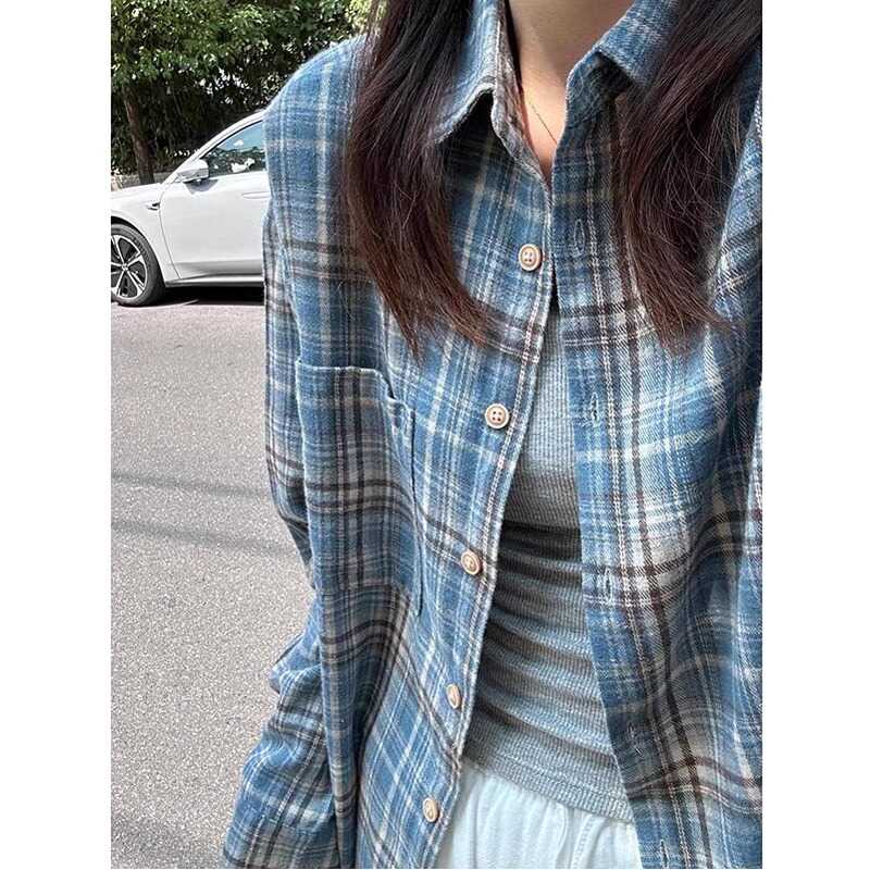 上衣春秋季格纹慵懒风韩系宽松