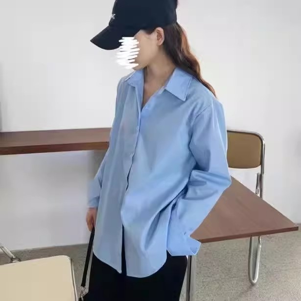 蓝色衬衫女长袖春季中长款百搭时尚纯色叠穿显瘦打底衬衣宽松潮