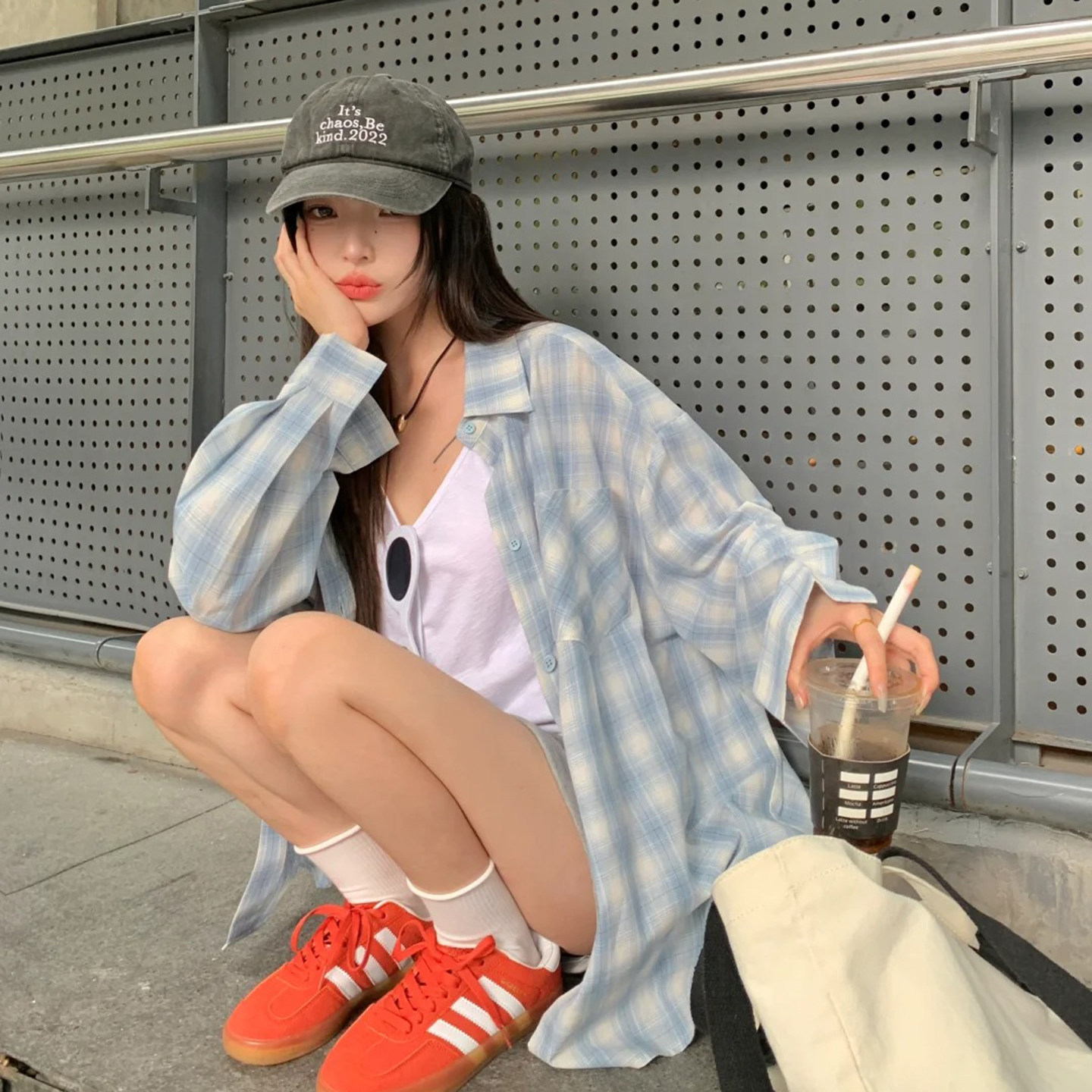 韩系蓝色格子春秋季衬衫女新款宽松慵懒风衬衣通勤外套休闲上衣
