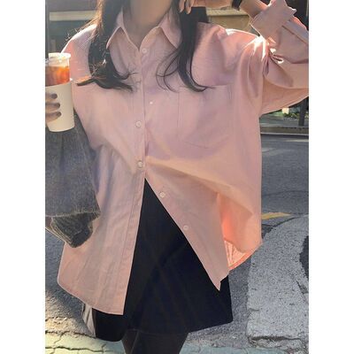 衬衫上衣粉色长袖韩版宽松单排扣