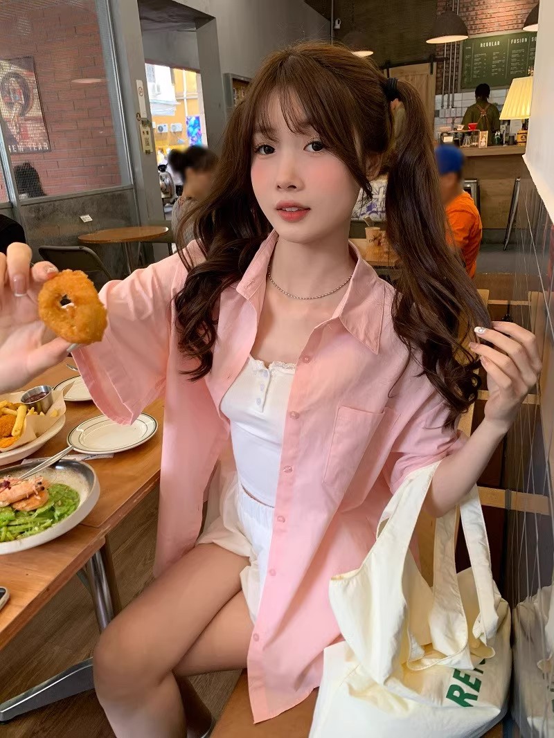 慵懒BF风衬衫短袖女2026新款宽松小个子衬衣显瘦夏季黄色ins上衣