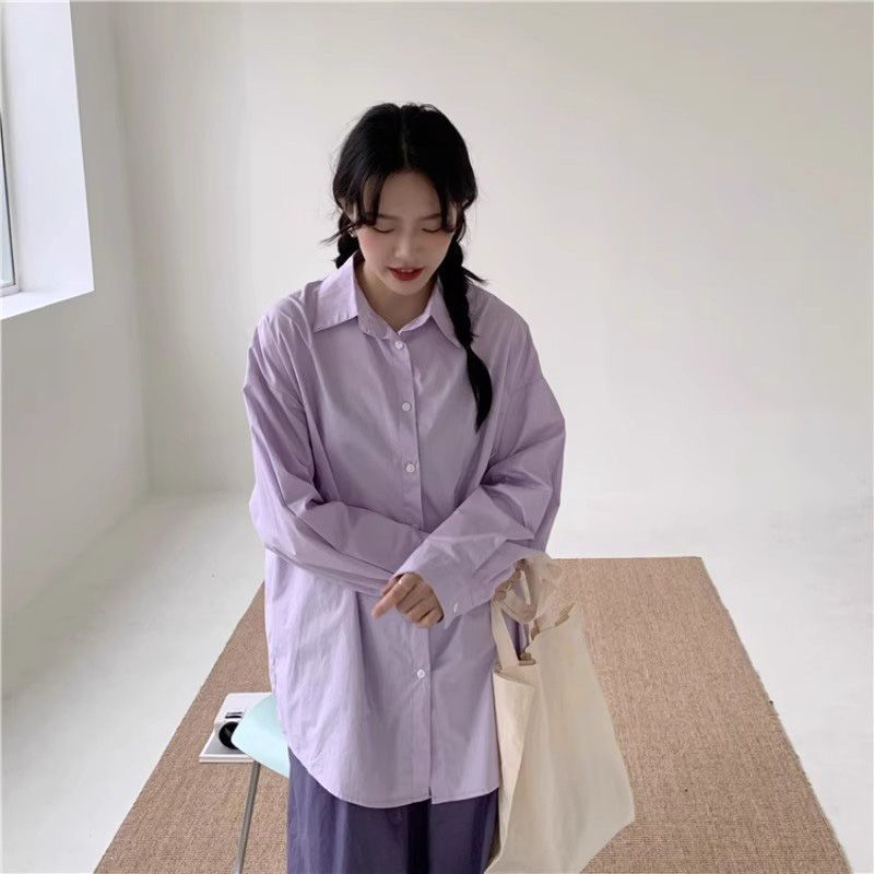 衬衣休闲长袖百搭淡紫色叠穿小众