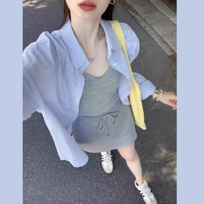 蓝色条纹衬衫女春夏小个子宽松慵懒风防晒衬衣高级感减龄洋气上衣