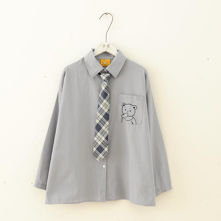 学院风小熊印花jk制服衬衫直筒正肩内搭胖mm韩版chic小众长袖衬衣