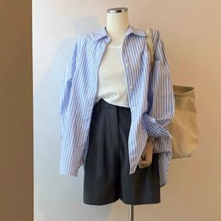 慵懒风蓝色条纹衬衣女春夏长袖法式穿搭宽松高级感衬衫外套上衣