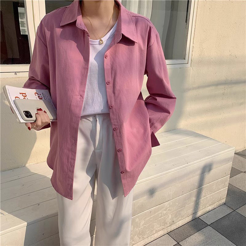 糖果色衬衫女减龄小清新粉色衬衣新款韩版宽松时尚洋气长袖外套