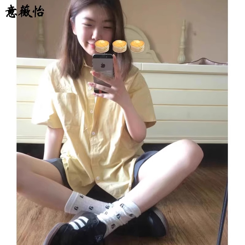 日系多巴胺黄色短袖衬衫外套女薄款宽松百搭显瘦设计感小众polo领