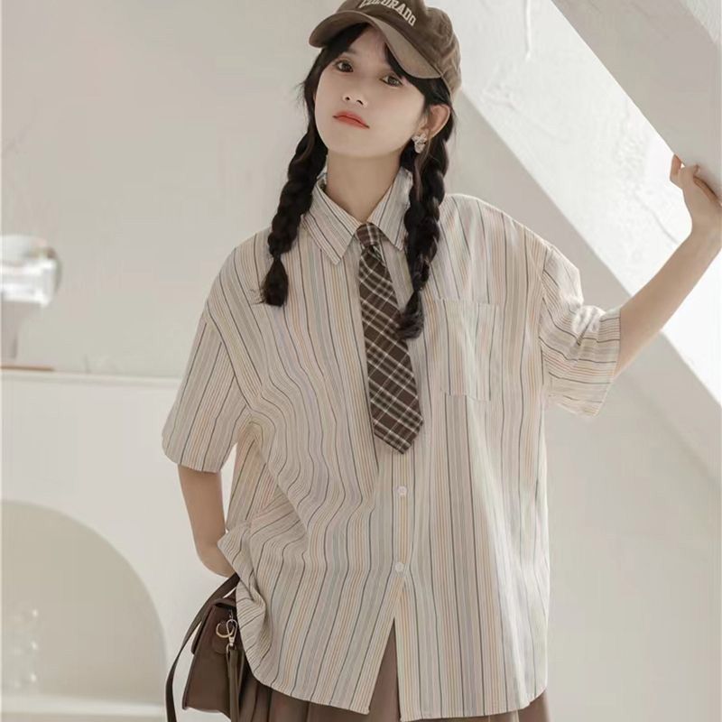 衬衫夏季领带条纹短袖chic宽松