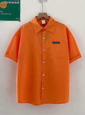 时尚橙色立领亮色显瘦复古纯色衬衣简约短袖bf工装外套百搭文艺范