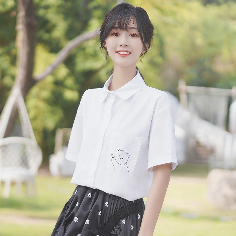 文艺复古宽松白衬衫女学院风可拆卸格子领带短袖衬衣软妹毕业班服