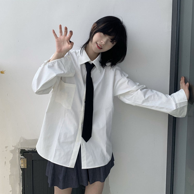 宽松休闲bf风复古设计感jk制服情侣装百搭上衣日系纯色基础款尖领