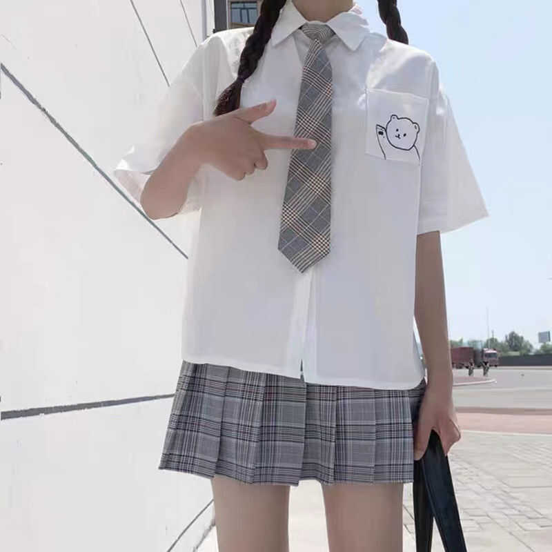 日系学院风小熊印花短袖衬衫小清新甜美格子领带百搭白色薄款衬衣