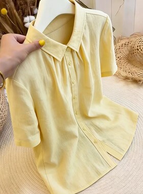 2026新款法式气质日系文艺复古黄色短袖衬衫女翻领薄款衬衣潮