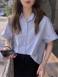 女纯色设计感小众韩版 夏季 衬衫 短袖 休闲宽松chic上衣别致衬衣 新款
