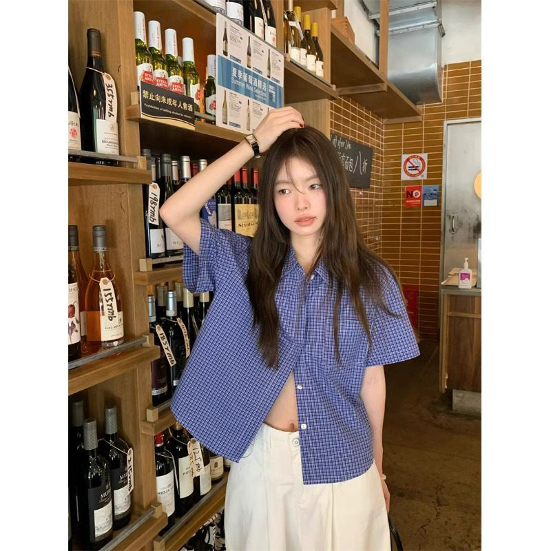 2026设计感港风蓝色格子短袖衬衫男女外套宽松气质通勤上衣衬衣