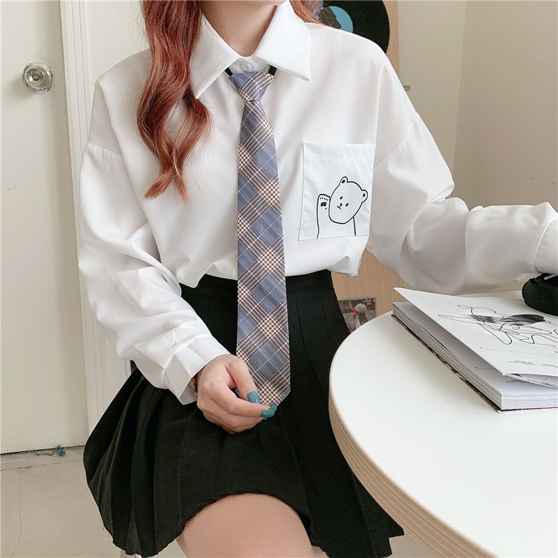 校园风jk衬衫日系少女春夏季长袖宽松小熊印花衬衫小清新通勤内搭