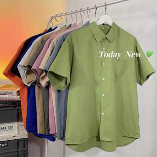 牛油果绿短袖衬衫男女简约夏天衬衣港风潮流纯色百搭韩版夏季大码