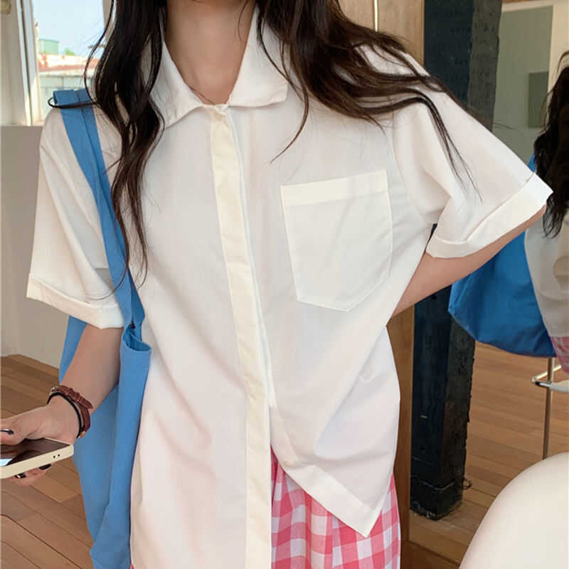 小个子宽松休闲夏季叠穿韩版盐系chic学生少女感白色衬衫简约气质