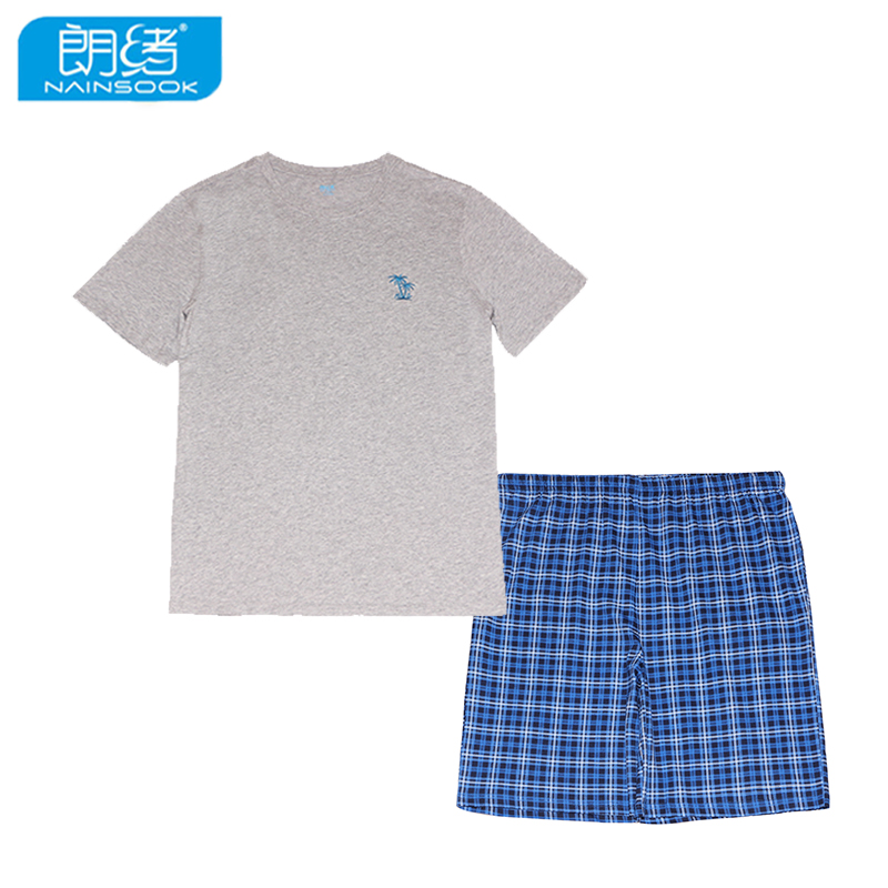 男士全棉大码学生格子薄款睡衣