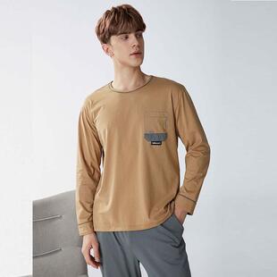 胜景男精梳莱卡棉圆领长袖长裤柔软贴身可外穿家居服睡衣专柜同款