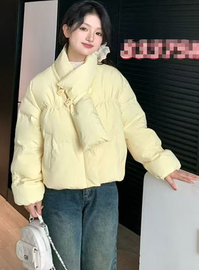 2025冬装甜美围巾款韩版学院风防寒服羽丝羽绒服女短款百搭面包服