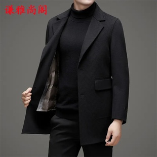 全毛双面呢羽绒内胆中青年男士秋冬新款双面呢羊毛大衣加厚外套男