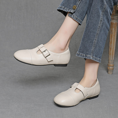 头层牛皮单鞋女2026新款春季真皮百搭复古丁字鞋小皮鞋浅口单鞋