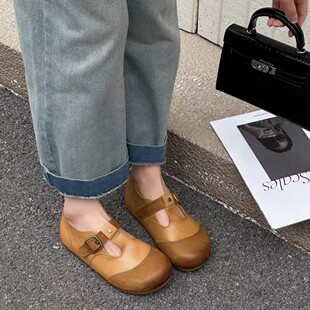 龍林2026春头层牛皮拼色内可调节扣带软皮博肯鞋套脚单鞋休闲