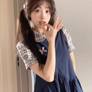 娃娃领学院风格 日系复古甜美连衣裙女夏季 子拼接假两件小个子短裙