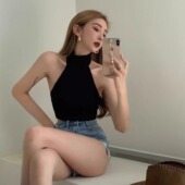 显瘦收腰露背无袖 夏季 挂脖吊带背心女外穿性感欧美辣妹风修身 上衣