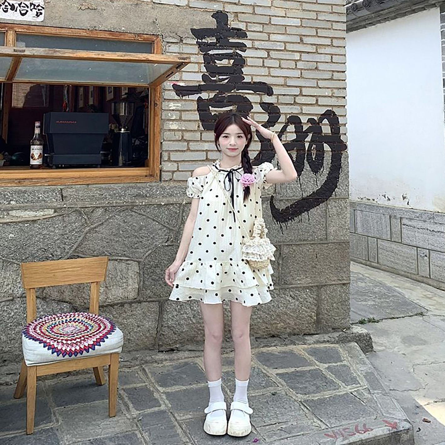 度假风小个子露肩波点娃娃连衣裙