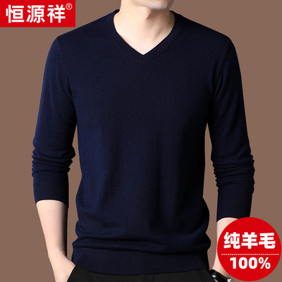 恒源祥羊毛衫男100纯羊毛2025春秋薄款打底衫V领百搭纯色套头毛衣