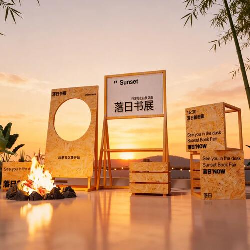 户外景区网红夕阳下的书展装置