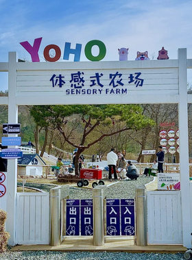 景区户外款防腐木体感式农场白色卡通门头露营地入口彩色实木大门