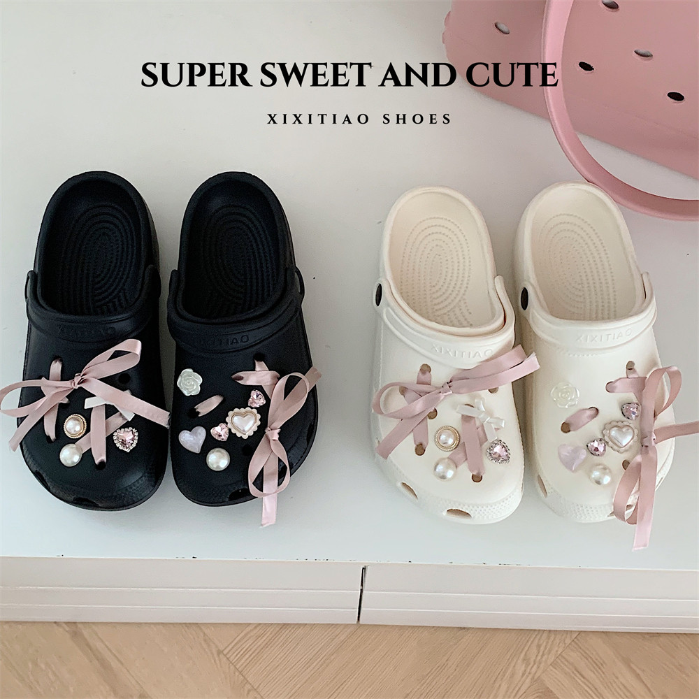 男女夏季韩版舒适外穿防滑沙滩凉鞋蝴蝶结爱心钻石情侣包头洞洞鞋