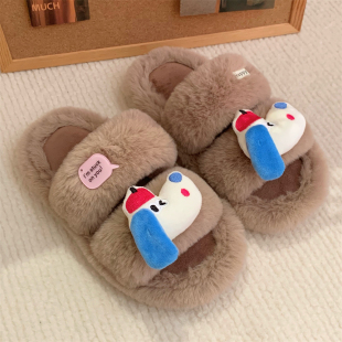 女冬季 网红少女心新款 保暖舒适居家棉拖趣味可爱ins狗狗二字棉拖