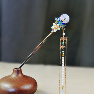 裳容手作雨弦古风汉服玉石发簪簪子中式发饰烧蓝古装旗袍流苏头饰
