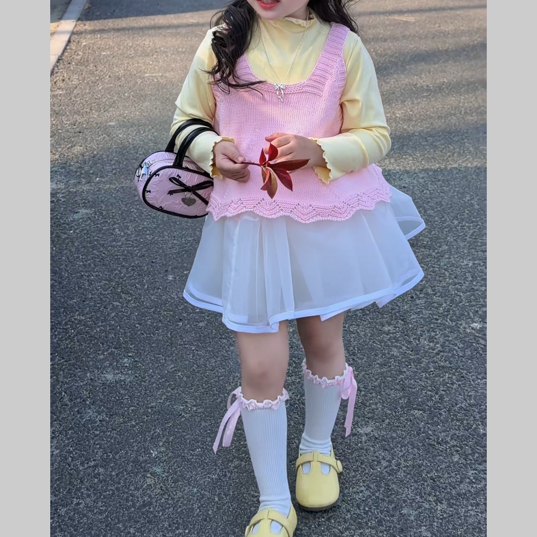 韩版女童2026秋季新款小香风粉色花边针织吊带背心女孩蓬蓬网纱裙