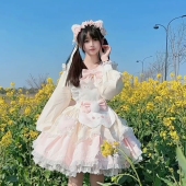 春秋季 可爱减龄甜美洛丽塔蝴蝶结撞色围裙蓬蓬连衣裙两件套女 新款