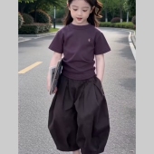 女童套装 洋气短袖 2026新款 紫色灯笼裤 儿童宝宝T恤两件套 夏季 童装