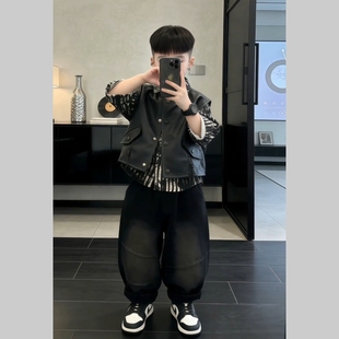 洋气宝宝秋冬时髦痞帅坎肩 2025新款 男童皮衣马甲衬衫 三件套春秋款