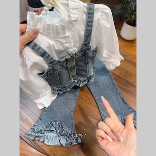 女童套装 洋气牛仔春秋儿童马甲衬衫 宝宝三件套牛仔裤 子 2026新款