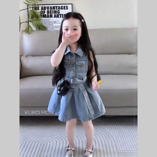 女童无袖牛仔裙夏季新款韩版儿童翻领收腰背心宝宝连衣裙送腰带