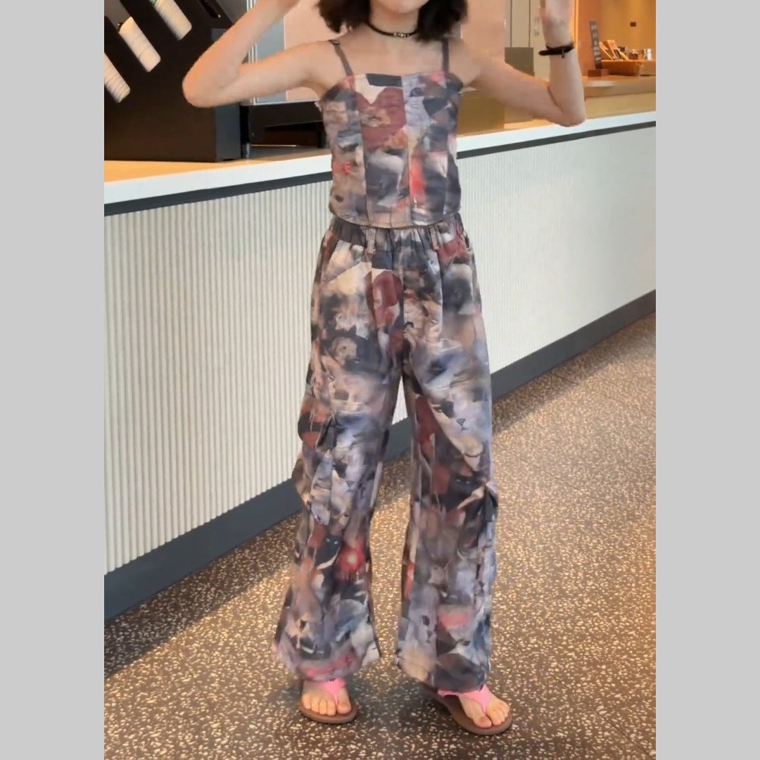 女童中大童夏季新款2026数码工装裤吊带碎花吊带阔腿裤套装显瘦潮