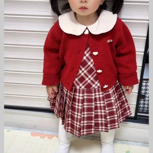 女童韩系套装2025秋季新款洋气开衫针织毛衣宝宝格子裙两件套潮