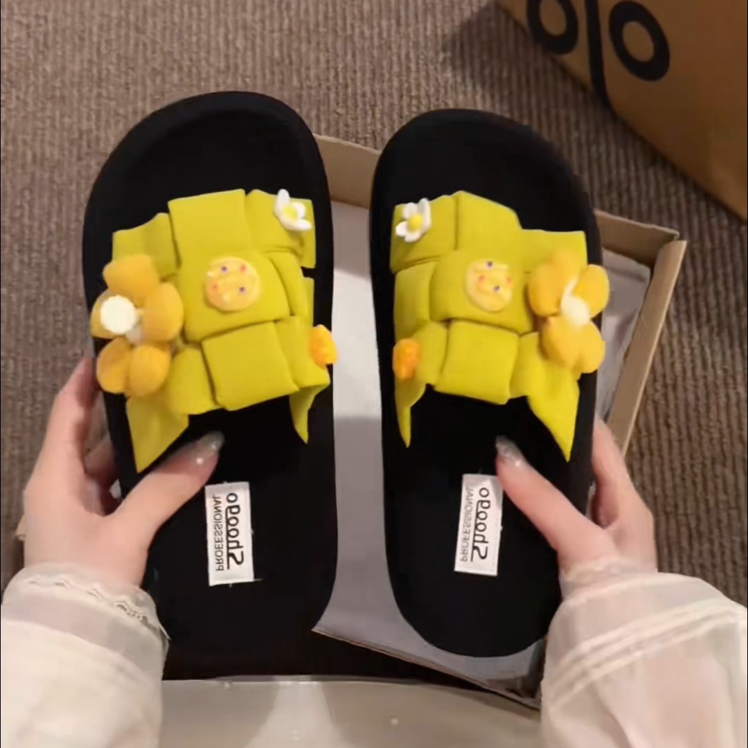 花朵配饰一字拖女2026夏新款编织面外穿厚底防滑凉拖鞋休闲沙滩鞋
